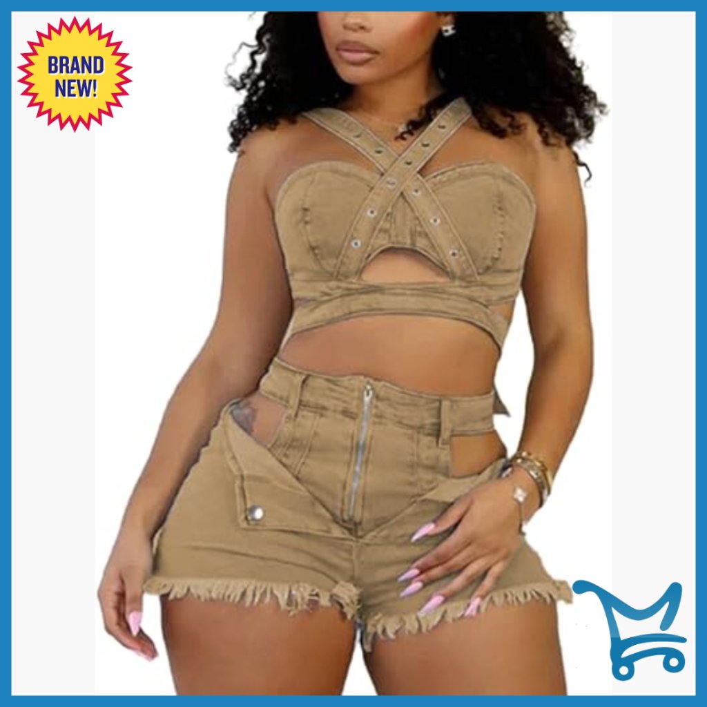 Sexy Denim Two Piece Set Stretchy Crop Top Bodycon Shorts Hollow Out Vest